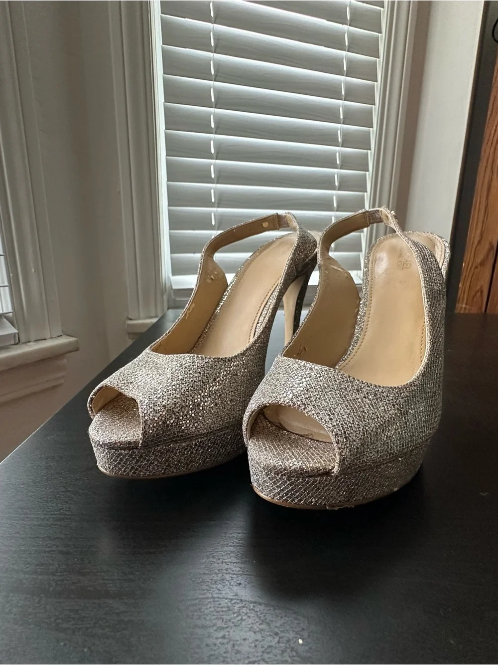 Michael Kors Glitter Peep-Toe Slingback Heels in Silver